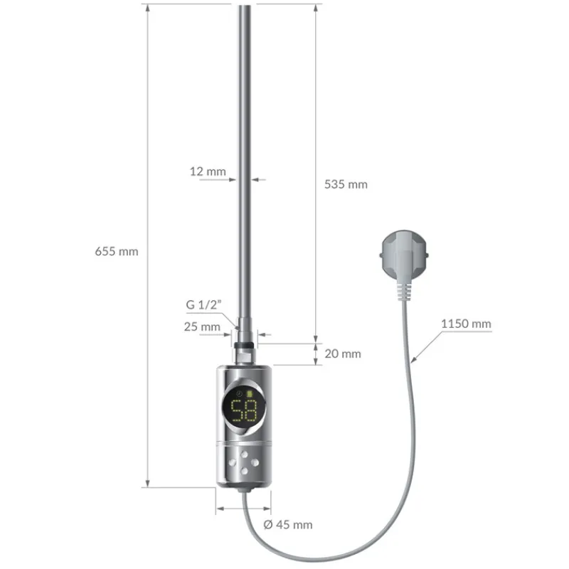 Heizstab 600W Chrome mit Thermostat und LCD Bildschirm LuxeBath-ECD Germany Best