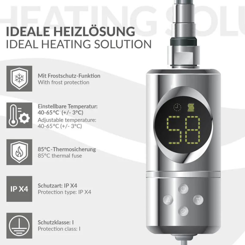 Heizstab 300W Chrome mit Thermostat und LCD Bildschirm LuxeBath-ECD Germany New
