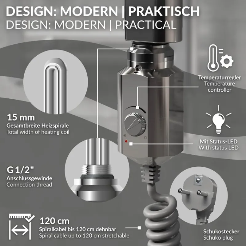 Heizstab 900W Chrome mit Thermostat für Badheizkörper LuxeBath-ECD Germany Hot