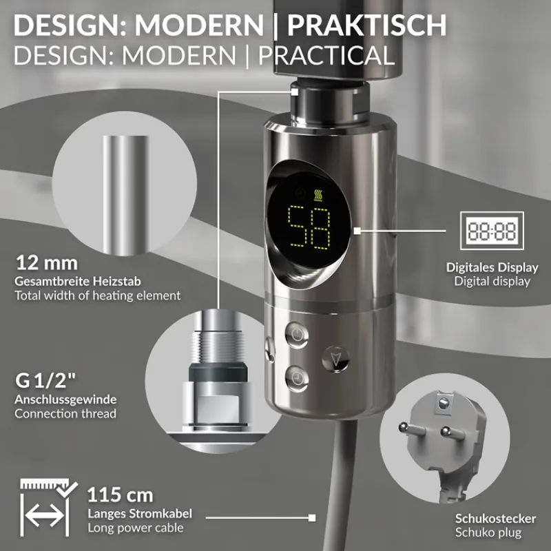 Heizstab 1200W Chrome mit Thermostat und LCD Bildschirm LuxeBath-ECD Germany Discount
