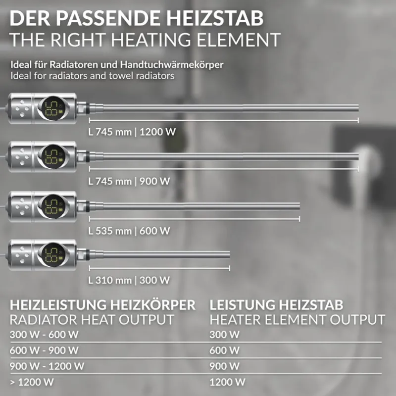 Heizstab 1200W Chrome mit Thermostat und LCD Bildschirm LuxeBath-ECD Germany Discount