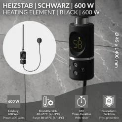 Heizstab 600W Schwarz mit Thermostat und LCD Bildschirm LuxeBath-ECD Germany Online