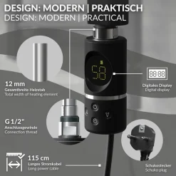 Heizstab 600W Schwarz mit Thermostat und LCD Bildschirm LuxeBath-ECD Germany Online