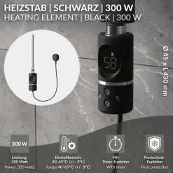 Heizstab 300W Schwarz mit Thermostat und LCD Bildschirm LuxeBath-ECD Germany Online