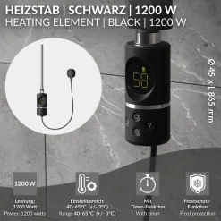 Heizstab 1200W Schwarz mit Thermostat und LCD Bildschirm LuxeBath-ECD Germany Hot