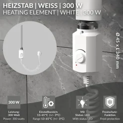 Heizstab 300W Weiß mit Thermostat für Badheizkörper LuxeBath-ECD Germany Sale