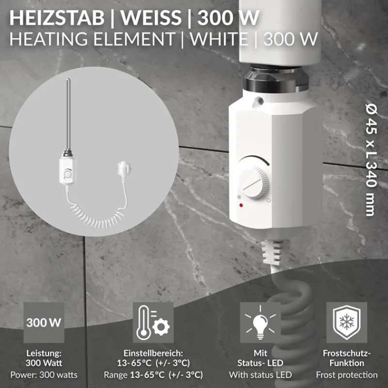 Heizstab 300W Weiß mit Thermostat für Badheizkörper LuxeBath-ECD Germany Sale