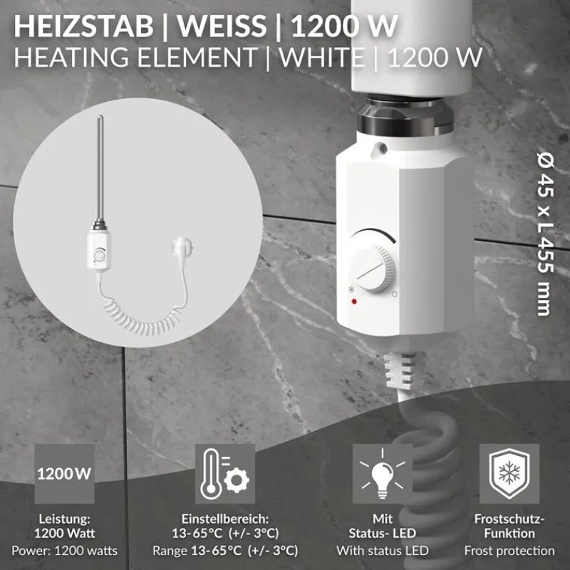 Heizstab 1200W Weiß mit Thermostat für Badheizkörper LuxeBath-ECD Germany Online
