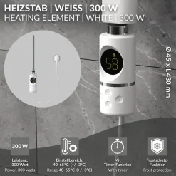 Heizstab 300W Weiß mit Thermostat und LCD Bildschirm LuxeBath-ECD Germany New
