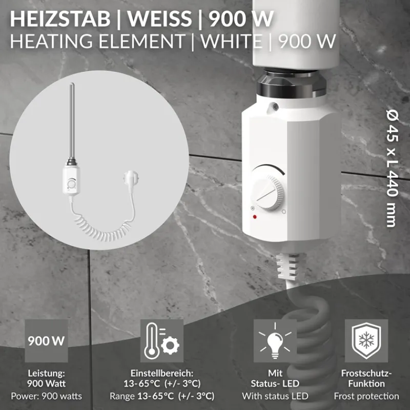 Heizstab 600W Weiß mit Thermostat für Badheizkörper LuxeBath-ECD Germany New