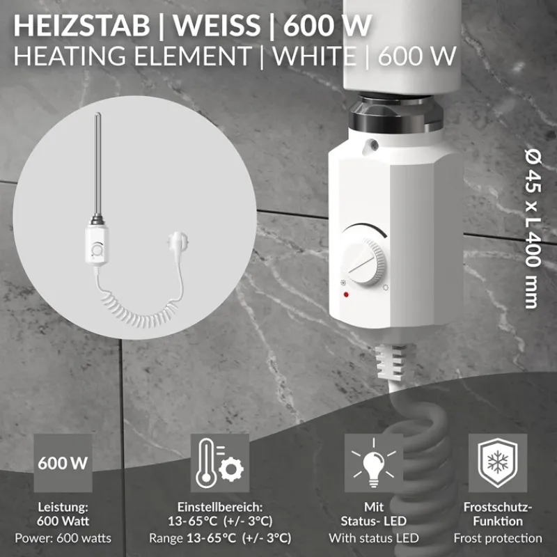 Heizstab 900W Weiß mit Thermostat für Badheizkörper LuxeBath-ECD Germany Best