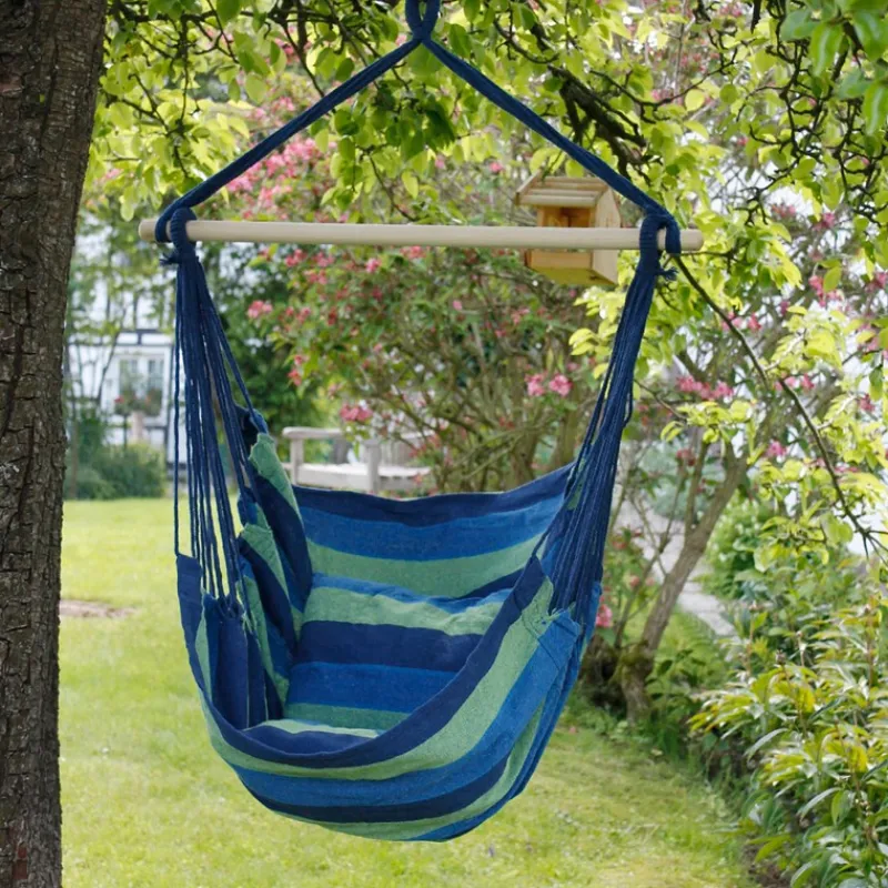 Hängesessel mit Gestell und Kissen Blau/Grün aus Baumwolle belastbar bis 120 kg-ECD Germany Outlet