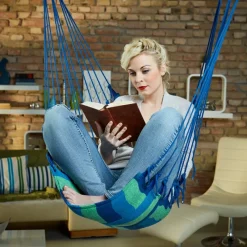 Hängesessel mit Gestell und Kissen Blau/Grün aus Baumwolle belastbar bis 120 kg-ECD Germany Outlet