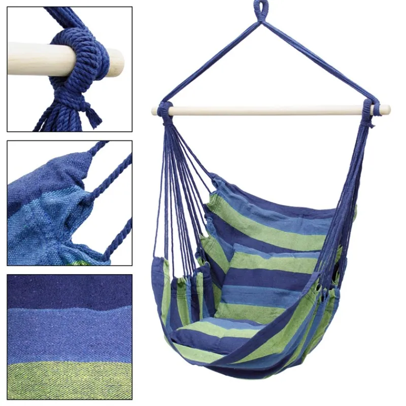 Hängesessel mit zwei Kissen 90x120x60 cm Blau/Grün aus Baumwolle belastbar bis 120 kg-ECD Germany Sale