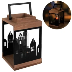 Holzlaterne für Teelichter, Kerzen mit Stadtskyline und Henkel aus Holz und Metall-ECD Germany Clearance