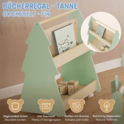 Kinder Bücherregal Tanne-Design Grün/Natur mit Ablagen und Rollen Joyz-ECD Germany Discount