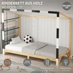 Kinderbett Fußballtor 90x200 cm Holzbett mit Lattenrost Kletterleiter & Tornetz Handballtor aus Kiefernholz ML-Design-ECD Germany Outlet