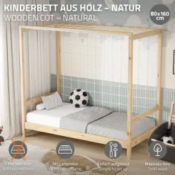 Kinderbett Fußballtor 80x160 cm Natur Einzelbett für Kinder Holzbett mit Lattenrost & Tornetz Handballtor ML-Design-ECD Germany New