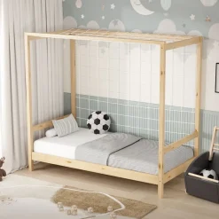 Kinderbett Fußballtor 80x160 cm Natur Einzelbett für Kinder Holzbett mit Lattenrost & Tornetz Handballtor ML-Design-ECD Germany New