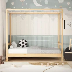 Kinderbett Fußballtor 80x160 cm Natur Einzelbett für Kinder Holzbett mit Lattenrost & Tornetz Handballtor ML-Design-ECD Germany New