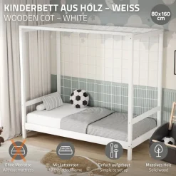Kinderbett Fußballtor 80x160 cm Weiß Einzelbett für Kinder Holzbett mit Lattenrost & Tornetz Handballtor ML-Design-ECD Germany Online