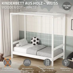 Kinderbett Fußballtor 70x140 cm Weiß Einzelbett für Kinder Holzbett mit Lattenrost & Tornetz Handballtor ML-Design-ECD Germany Discount