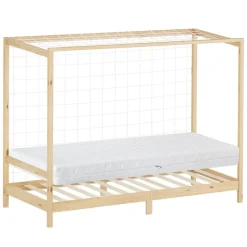 Kinderbett Fußballtor 90x200 cm Natur aus Kiefernholz mit Matratze H-16cm Handballtor mit Lattenrost & Tornetz ML-Design-ECD Germany Hot