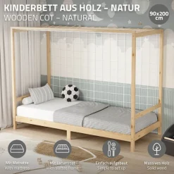 Kinderbett Fußballtor 90x200 cm Natur aus Kiefernholz mit Matratze H-16cm Handballtor mit Lattenrost & Tornetz ML-Design-ECD Germany Hot