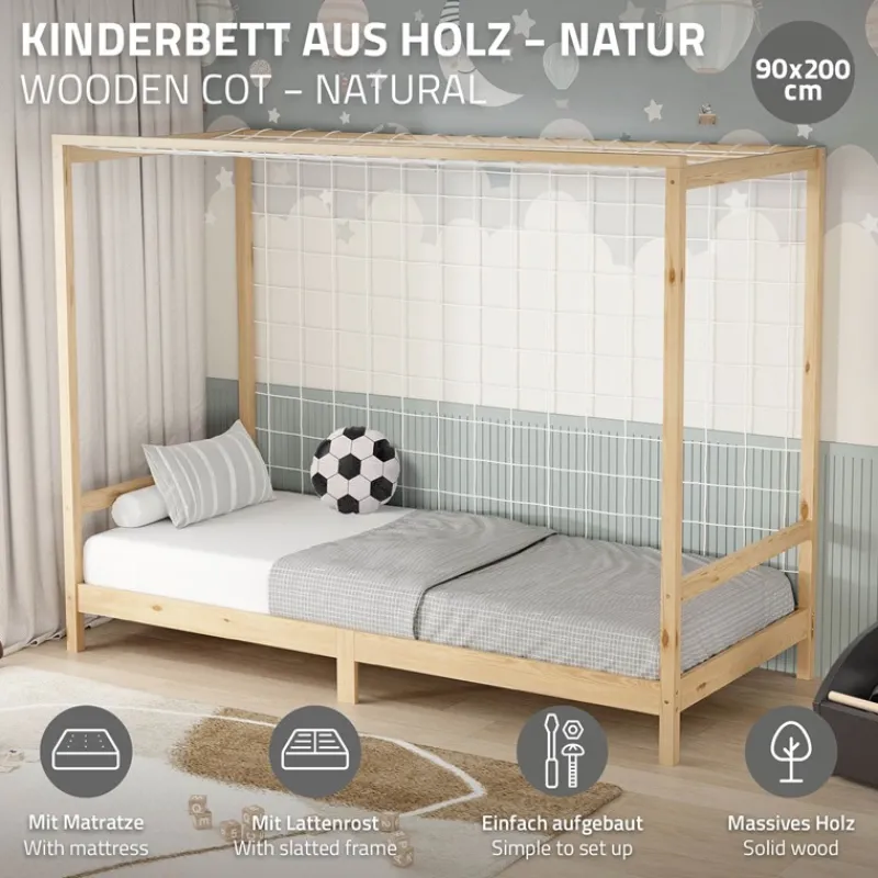 Kinderbett Fußballtor 90x200 cm Natur aus Kiefernholz mit Matratze H-16cm Handballtor mit Lattenrost & Tornetz ML-Design-ECD Germany Hot