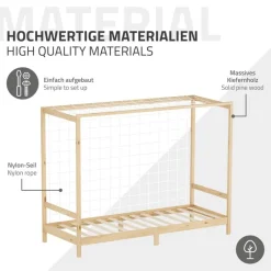 Kinderbett Fußballtor 90x200 cm Natur aus Kiefernholz mit Matratze H-16cm Handballtor mit Lattenrost & Tornetz ML-Design-ECD Germany Hot