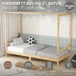 Kinderbett Fußballtor 90x200 cm Natur Einzelbett für Kinder Holzbett mit Lattenrost & Tornetz Handballtor ML-Design-ECD Germany Best