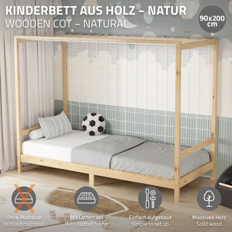 Kinderbett Fußballtor 90x200 cm Natur Einzelbett für Kinder Holzbett mit Lattenrost & Tornetz Handballtor ML-Design-ECD Germany Best