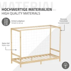 Kinderbett Fußballtor 90x200 cm Natur Einzelbett für Kinder Holzbett mit Lattenrost & Tornetz Handballtor ML-Design-ECD Germany Best