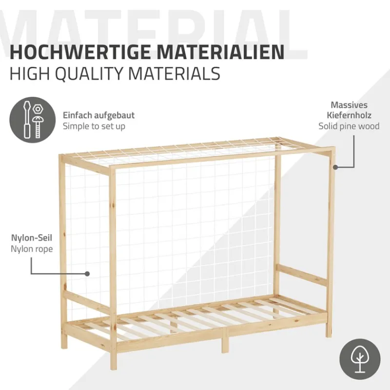 Kinderbett Fußballtor 90x200 cm Natur Einzelbett für Kinder Holzbett mit Lattenrost & Tornetz Handballtor ML-Design-ECD Germany Best