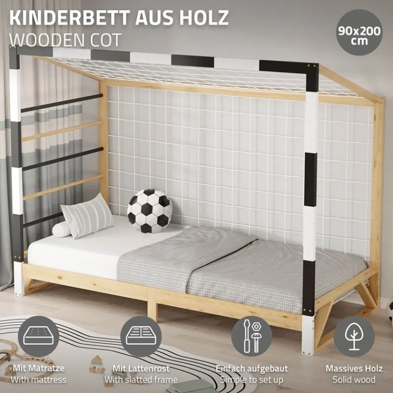Kinderbett Fußballtor 90x200 cm aus Kiefernholz mit Matratze H:10cm Handballtor mit Lattenrost Kletterleiter & Tornetz ML-Design-ECD Germany Sale