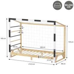 Kinderbett Fußballtor 90x200 cm aus Kiefernholz mit Matratze H:10cm Handballtor mit Lattenrost Kletterleiter & Tornetz ML-Design-ECD Germany Sale