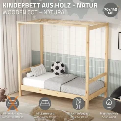 Kinderbett Fußballtor 70x140 cm Natur Einzelbett für Kinder Holzbett mit Lattenrost & Tornetz Handballtor ML-Design-ECD Germany Best
