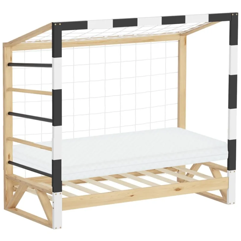 Kinderbett Fußballtor 70x140 cm aus Kiefernholz mit Matratze H:10cm Handballtor mit Lattenrost Kletterleiter & Tornetz ML-Design-ECD Germany