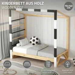 Kinderbett Fußballtor 70x140 cm aus Kiefernholz mit Matratze H:10cm Handballtor mit Lattenrost Kletterleiter & Tornetz ML-Design-ECD Germany