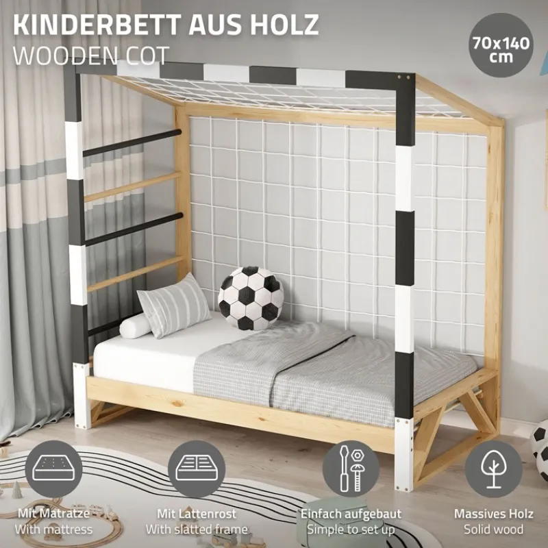 Kinderbett Fußballtor 70x140 cm aus Kiefernholz mit Matratze H:10cm Handballtor mit Lattenrost Kletterleiter & Tornetz ML-Design-ECD Germany