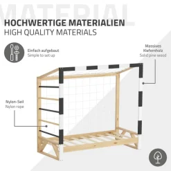 Kinderbett Fußballtor 70x140 cm aus Kiefernholz mit Matratze H:10cm Handballtor mit Lattenrost Kletterleiter & Tornetz ML-Design-ECD Germany