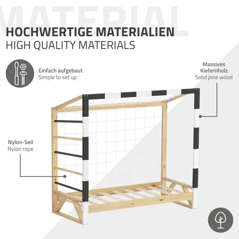 Kinderbett Fußballtor 70x140 cm aus Kiefernholz mit Matratze H:10cm Handballtor mit Lattenrost Kletterleiter & Tornetz ML-Design-ECD Germany