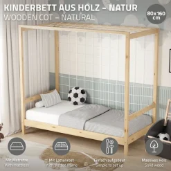 Kinderbett Fußballtor 80x160 cm Natur aus Kiefernholz mit Matratze H-10cm Handballtor mit Lattenrost & Tornetz ML-Design-ECD Germany Best