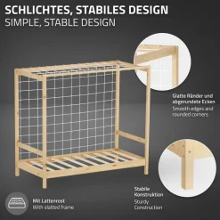 Kinderbett Fußballtor 80x160 cm Natur aus Kiefernholz mit Matratze H-10cm Handballtor mit Lattenrost & Tornetz ML-Design-ECD Germany Best