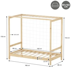 Kinderbett Fußballtor 80x160 cm Natur aus Kiefernholz mit Matratze H-10cm Handballtor mit Lattenrost & Tornetz ML-Design-ECD Germany Best