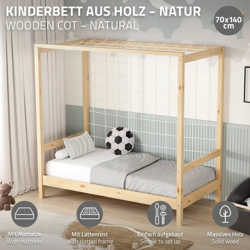 Kinderbett Fußballtor 70x140 cm Natur aus Kiefernholz mit Matratze H-10cm Handballtor mit Lattenrost & Tornetz ML-Design-ECD Germany Clearance