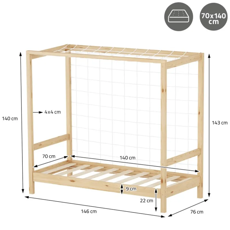 Kinderbett Fußballtor 70x140 cm Natur aus Kiefernholz mit Matratze H-10cm Handballtor mit Lattenrost & Tornetz ML-Design-ECD Germany Clearance