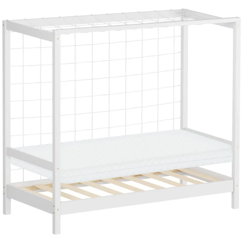 Kinderbett Fußballtor 70x140 cm Weiß aus Kiefernholz mit Matratze H-10cm Handballtor mit Lattenrost & Tornetz ML-Design-ECD Germany Hot