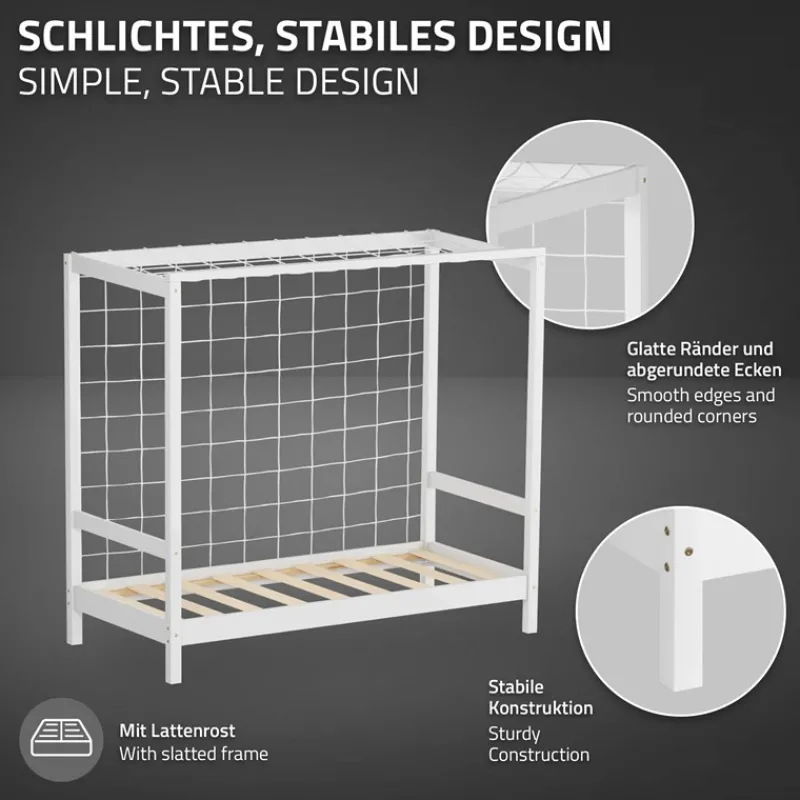 Kinderbett Fußballtor 70x140 cm Weiß aus Kiefernholz mit Matratze H-10cm Handballtor mit Lattenrost & Tornetz ML-Design-ECD Germany Hot