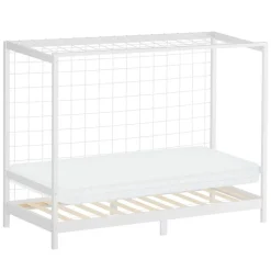 Kinderbett Fußballtor 90x200 cm Weiß aus Kiefernholz mit Matratze H-10cm Handballtor mit Lattenrost & Tornetz ML-Design-ECD Germany Hot